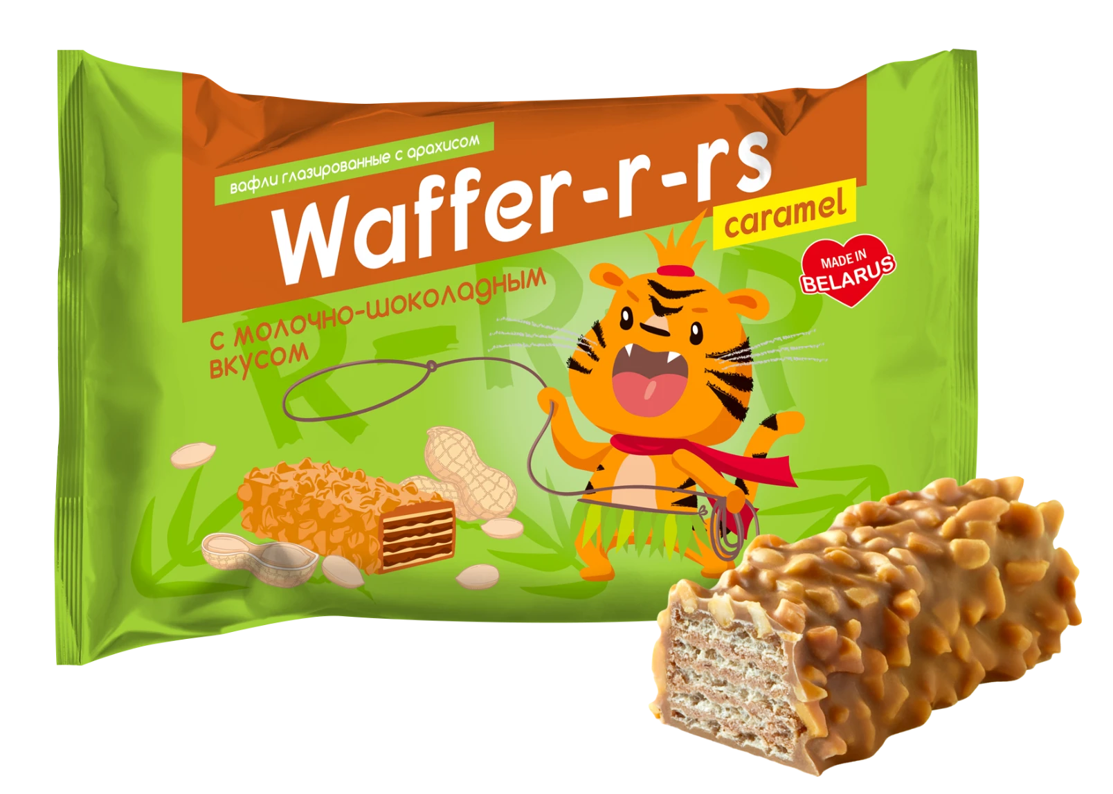 Вафли "WAFFER-R-RS" с молочно-шоколадным вкусом в карамельной глазури и арахисом.