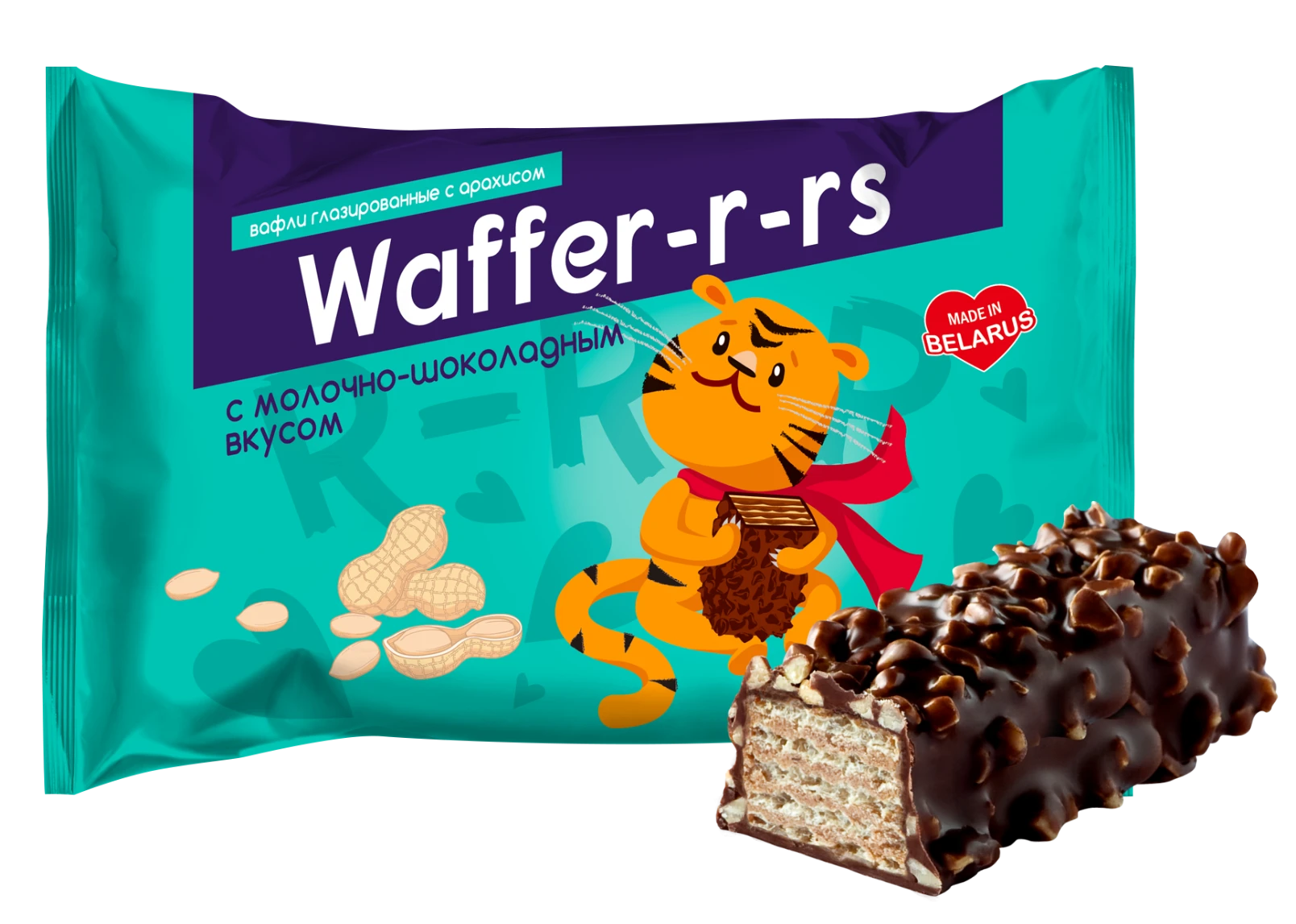 Waffles "WAFFER-R-RS" with milk-chocolate flavor glazed with peanuts