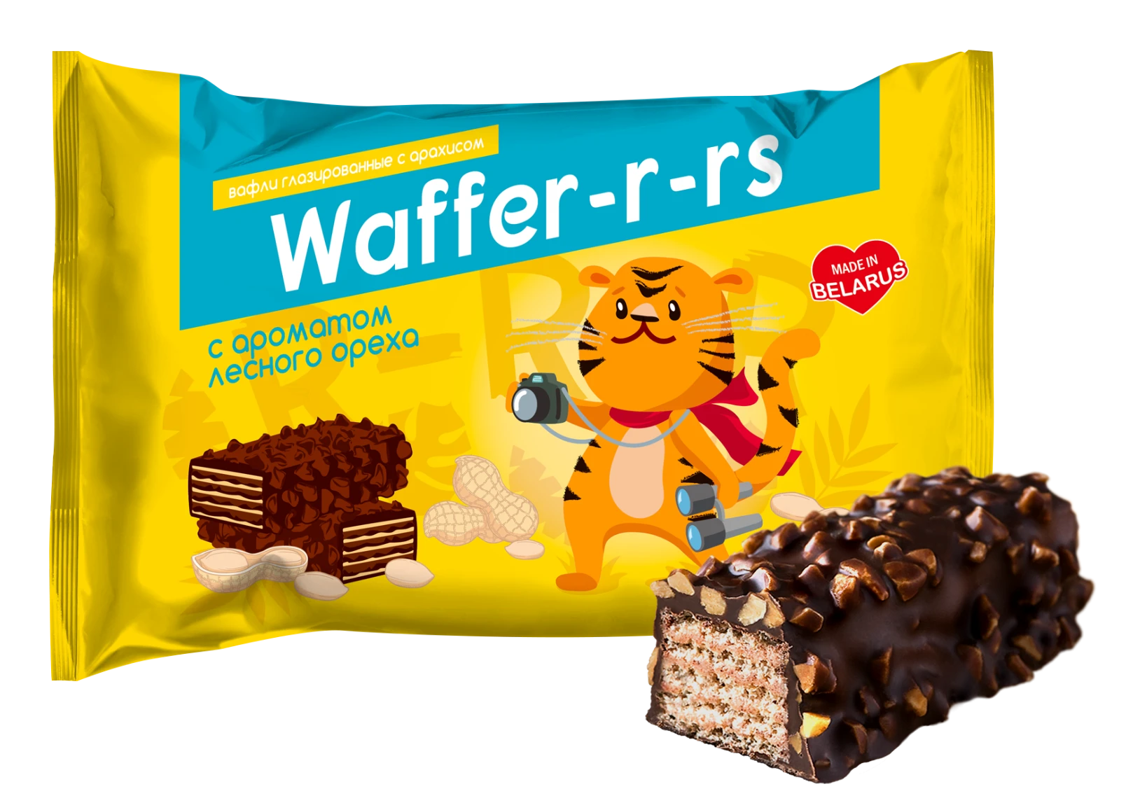 Waffles "WAFFER-R-RS" with hazelnut flavor in dark glaze with peanuts.