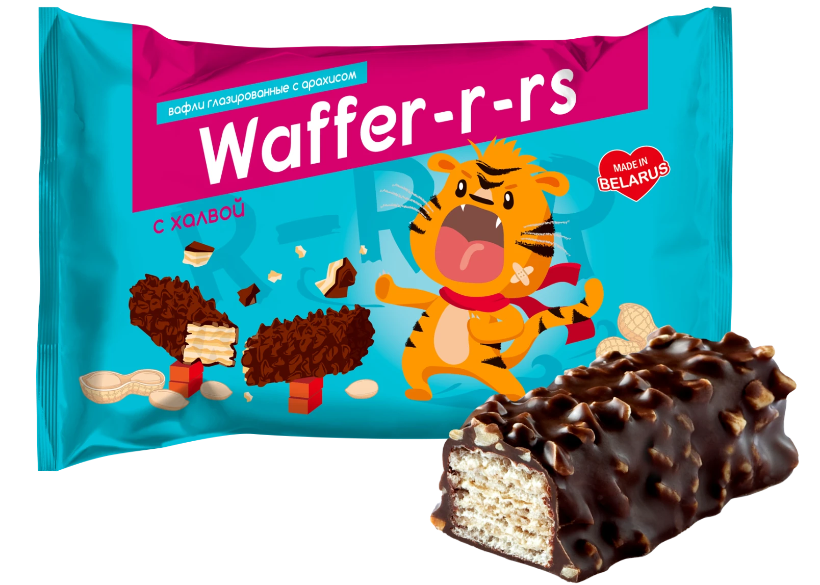 Waffles "WAFFER-R-RS" with halva in dark glaze with peanuts.